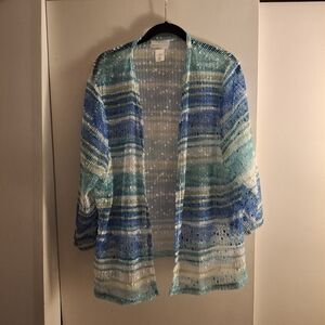 Alfred Dunner Blue and Green Striped Open Front Cover Up